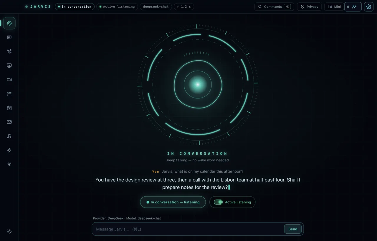 The Jarvis desktop window mid-conversation: the orb is listening and Jarvis answers a question about the afternoon calendar.