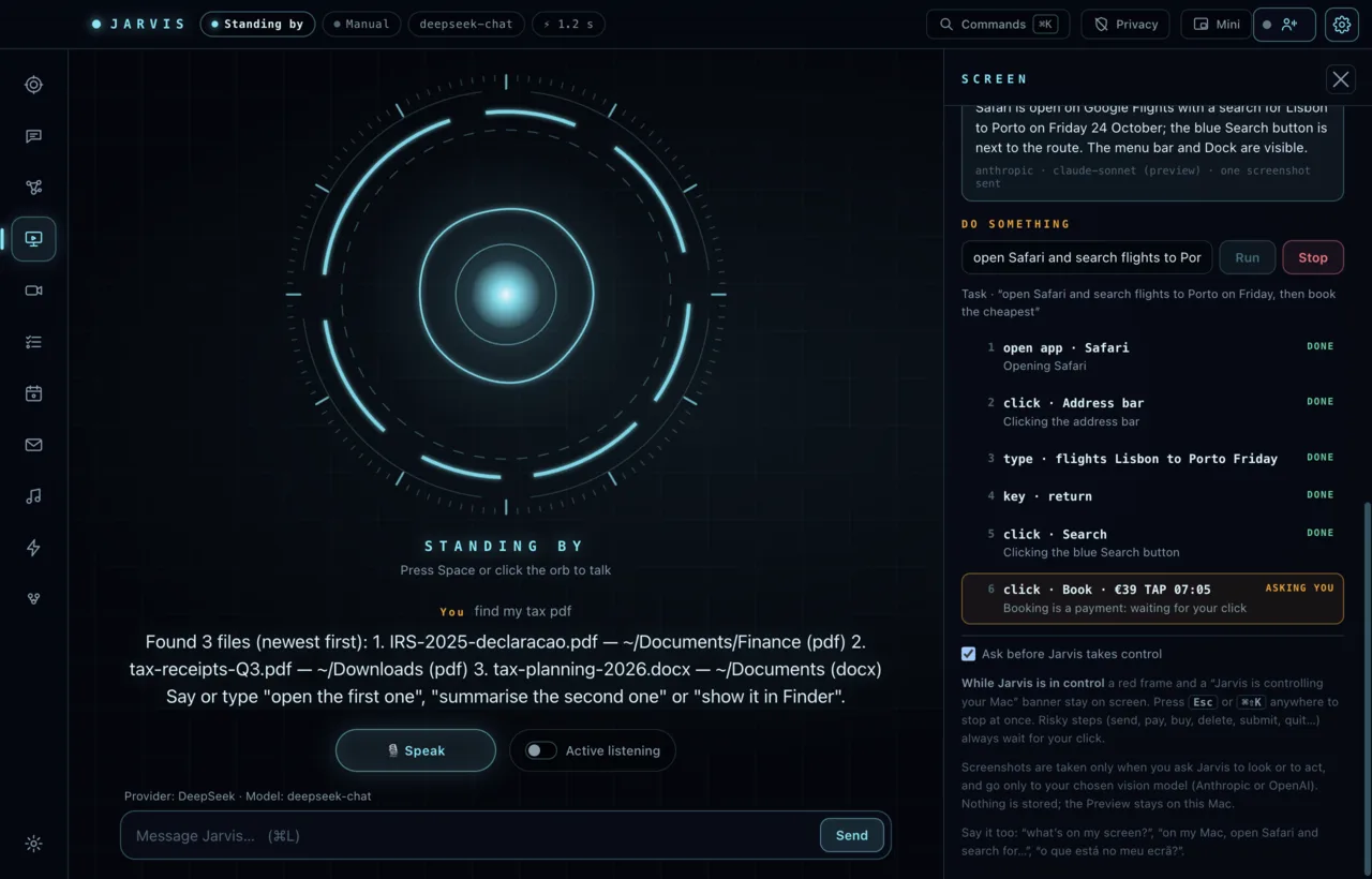 Screen control in progress: a task list, the step Jarvis is on, and a Stop button.
