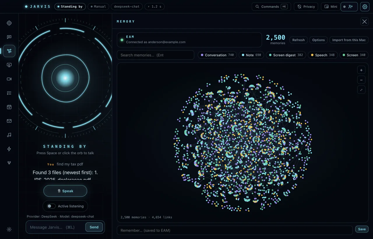 The Memory screen: a force graph of 2,500 memories connected by links, with filters by kind.
